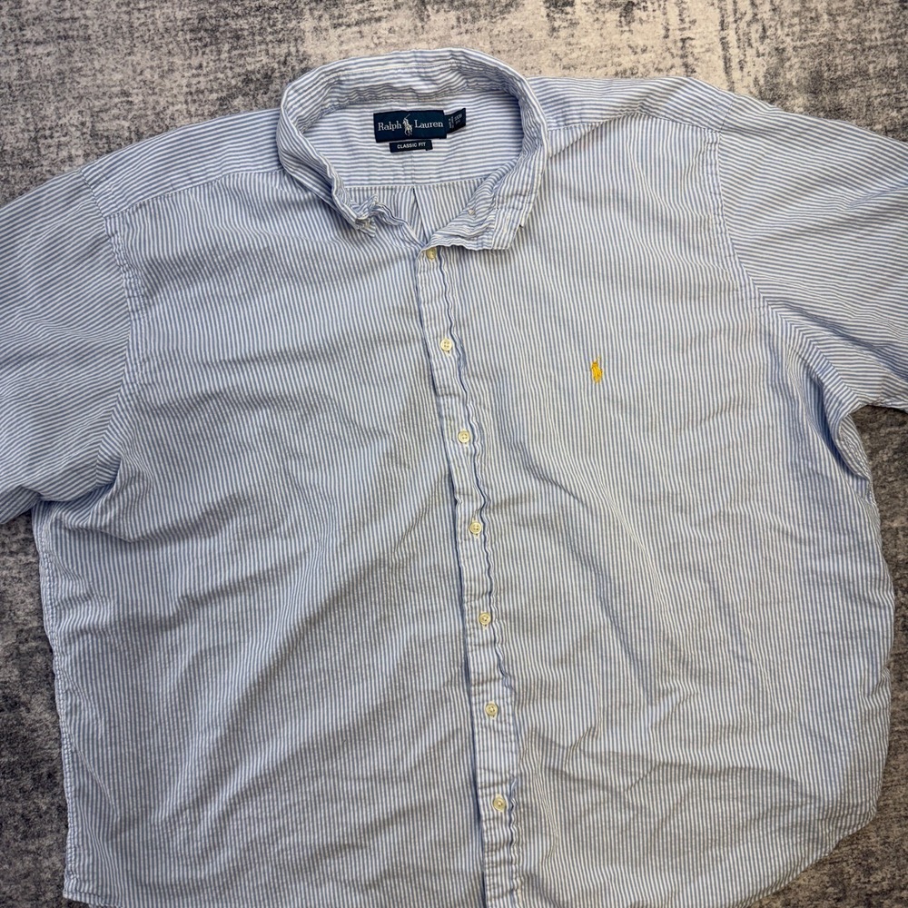 VTG Polo Ralph Lauren Shirt Mens 3XB Blue White Seersucker Striped Preppy Beach